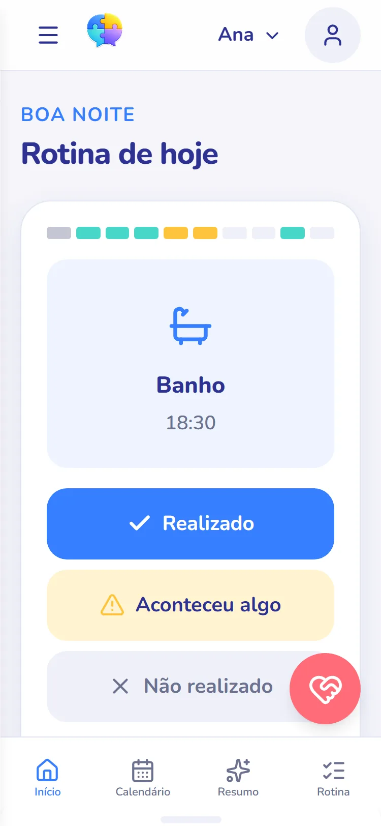 Tela Início do AutiMerge: a rotina do dia marcada em um toque, com humor, sono e remédio no mesmo lugar