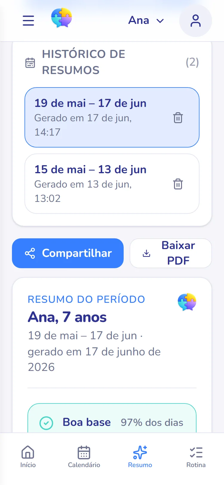 Documento do resumo inteligente do período, com botão de baixar PDF